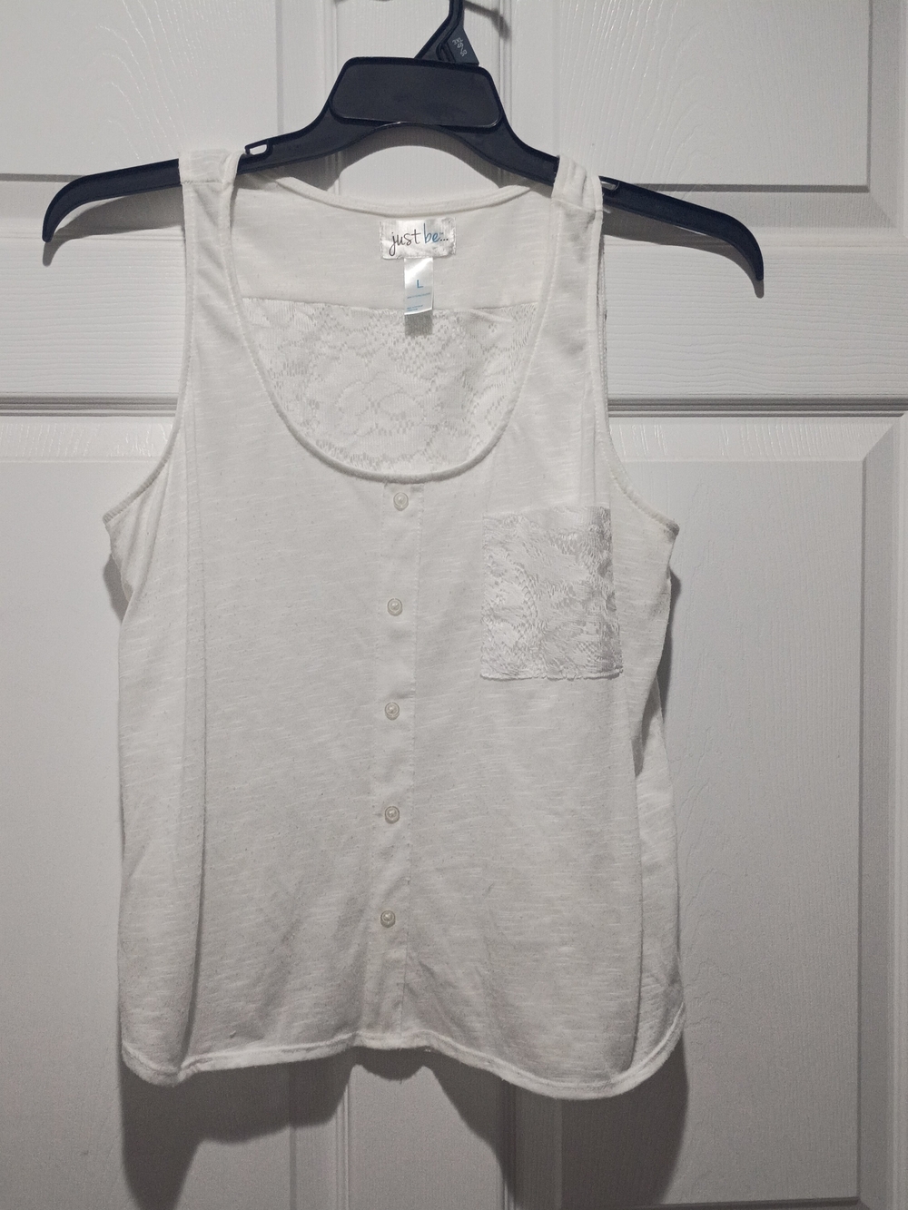 just be White Lace-Trim Button Front Tank